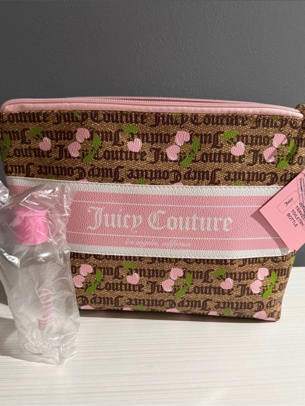 Juicy Couture Brown & Pink Cherry Print Cosmetic Pouch